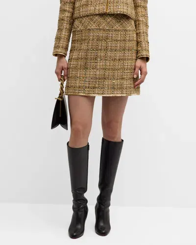 St John Metallic Plaid Mini Skirt With Fringed Hem In Gold