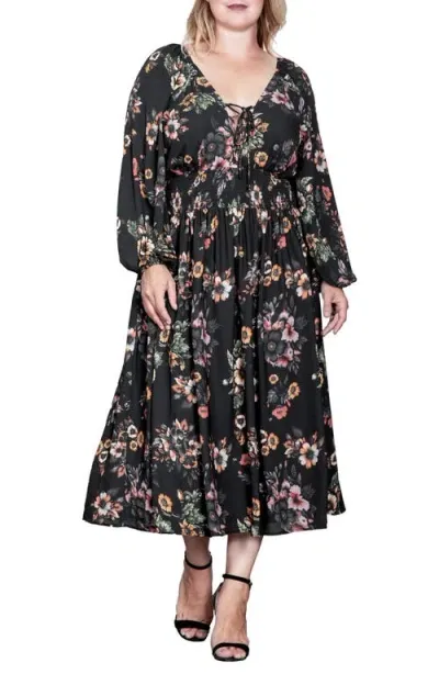 Standards & Practices Floral Print Long Sleeve Georgette Midi Dress In Rusty Floral