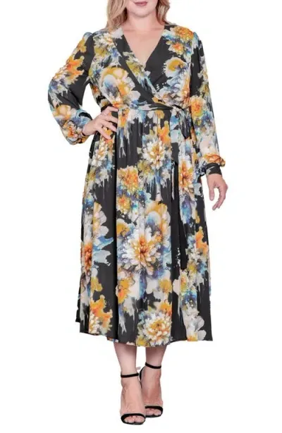 Standards & Practices Floral Print Long Sleeve Georgette Midi Wrap Dress In Black Ink Floral