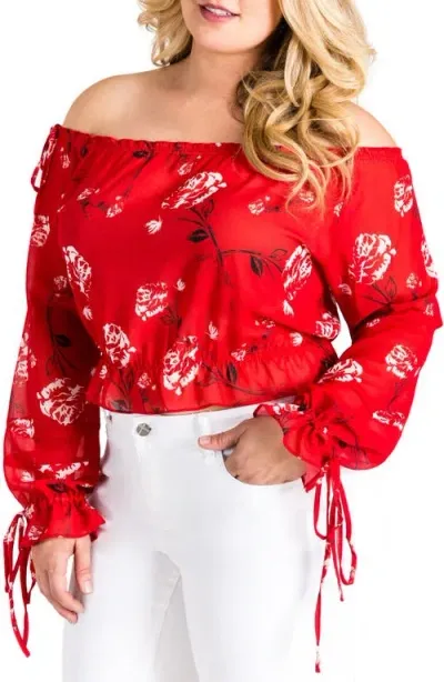 Standards & Practices Marina Off The Shoulder Tie Sleeve Top In Red Tulip Print