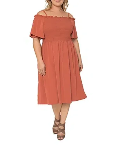 Standards & Practices Plus Smocked Midi Dress In Brown