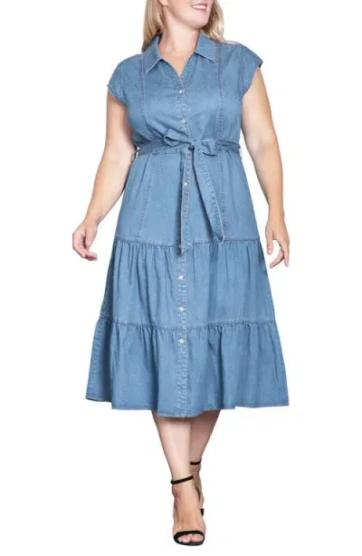 Standards & Practices Plus Size Tiered Denim Midi Dress In Blue Rinse