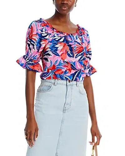 Status By Chenault Printed Ruffle Trim Top In Blue/orange