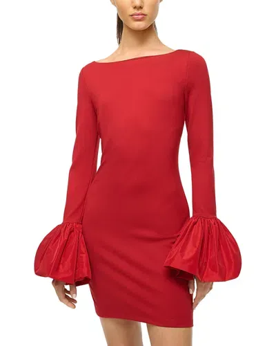 Staud Hawthorne Mixed Media Long Sleeve Cocktail Minidress In Rouge