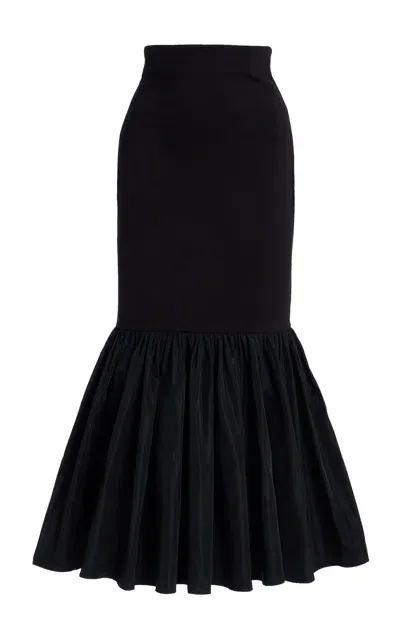 Staud Hawthorne Flared Taffeta-knit Midi Skirt In Black