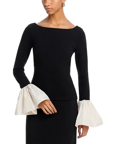 Staud Paige Flutter Cuff Top In Black/ivory