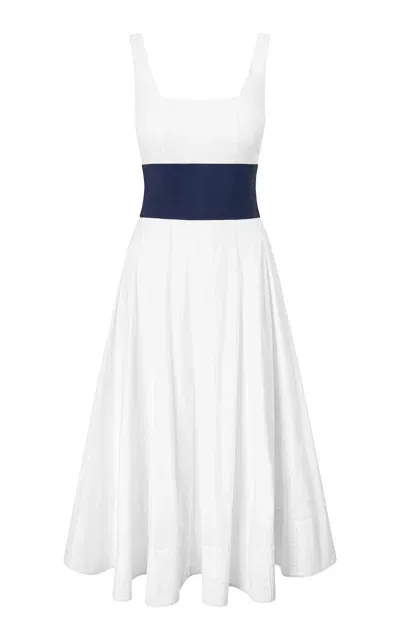 Staud Rig Denim-paneled Cotton Poplin Midi Dress In White Navy