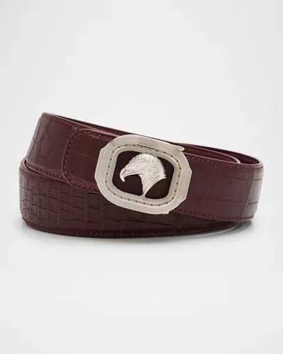 Stefano Ricci Men's Eagle Crocodile Leather Belt In Burgundy