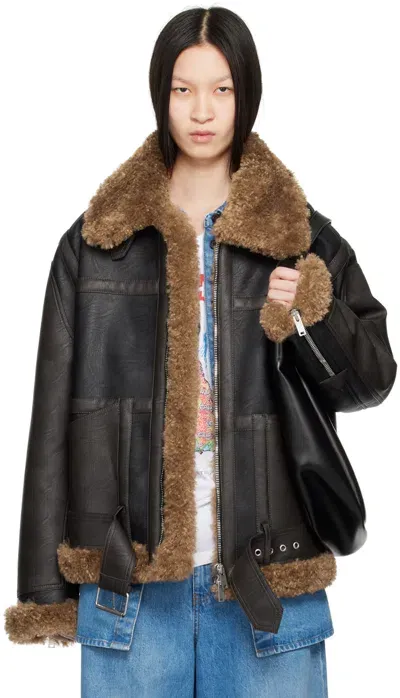 Stella Mccartney Black & Brown Plush Teddy Faux-leather Coat In 1000 Black