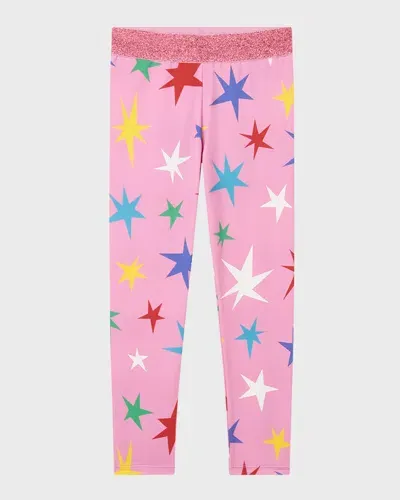 Stella Mccartney Kids' Girl's Glitter Multicolor Star-print Leggings In Pink