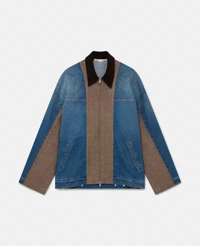 Stella Mccartney Hybrid Panel Boxy Denim Jacket In Beige Tweed And Blue Denim