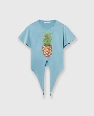 Stella Mccartney Pineapple Tie-front Cotton T-shirt In Washed Light Blue