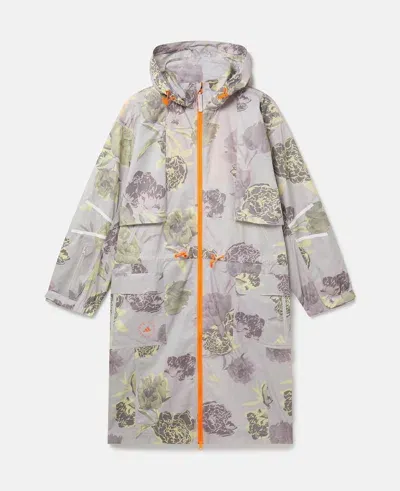 Stella Mccartney Truecasuals Carnation Print Long Parka Coat In Chalk Pearl/new Rose/blush Yellow/tech Earth