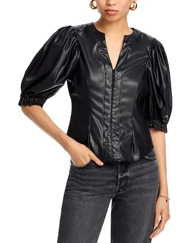 Stellah Faux Leather Balloon Sleeve Top In Black