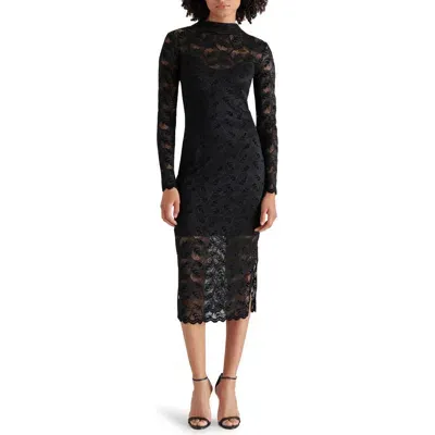 Steve Madden Floral Stretch Lace Long Sleeve Body-con Midi Dress In Black