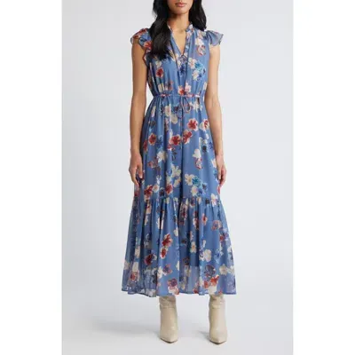 Steve Madden Osiris Floral Cap Sleeve Ruffle Dress In Dusty Blue