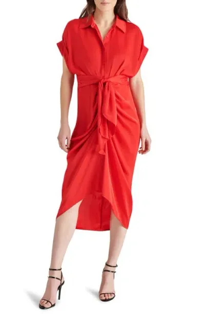 Steve Madden Tori Tie Waist Satin Midi Shirtdress In Red