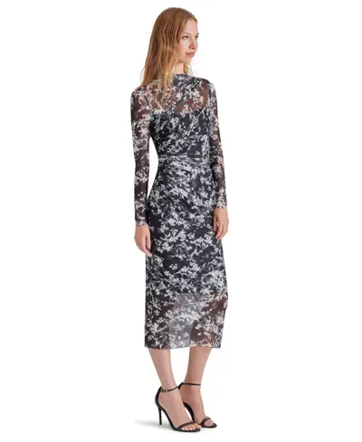 Steve Madden Maureen Floral Long Sleeve Mesh Midi Dress In Blk,wht