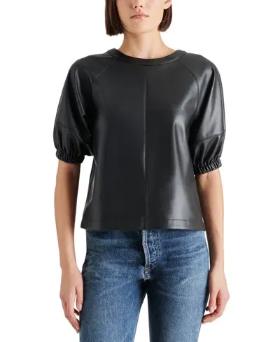 Steve Madden Reilly Faux Leather Puff Sleeve Top In Black