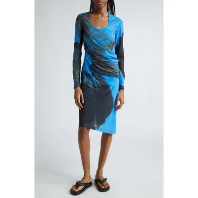 Stine Goya Leonora Abstract Floral Long Sleeve Asymmetric Dress In Brown Brush Stroke Poppy