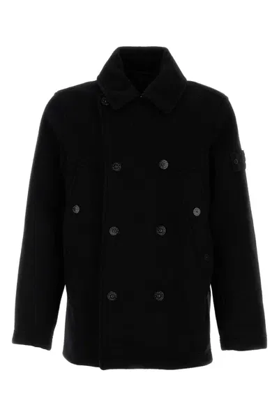 Stone Island Black Wool Blend Ghost Coat In Blue