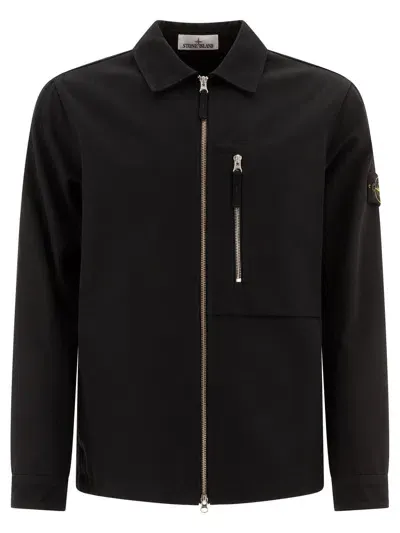 Stone Island Compass-badge Zipped Shirt Jacket In Nero