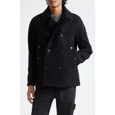 Stone Island Compass Logo Patch Virgin Wool & Cashmere Peacoat In Black