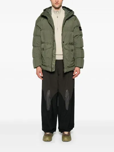 Stone Island Crinkled Hooded Puffer Coat In Green