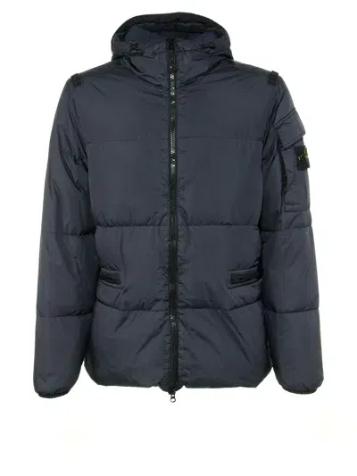 Stone Island Down Jacket With Logo On The Sleeve In Navy Blue