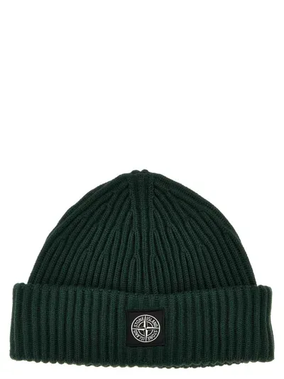 Stone Island Knit Ribbed Cap With Fold-over Cuff In Dark Green