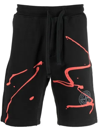 Stone Island Ink Three Embroidered Fleece Shorts In Black