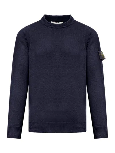 Stone Island Logo Patch Round Neck Sweater In Blue