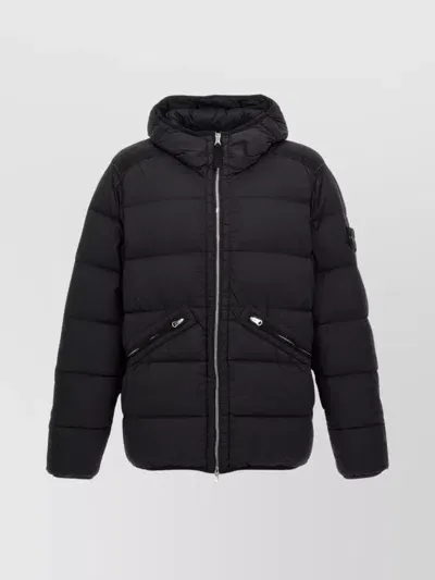 Stone Island Padded Hooded Down Jacket With Side Zip Pockets In Black