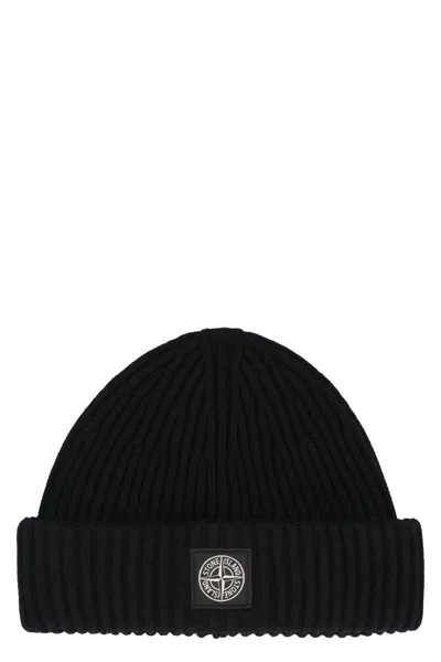 Stone Island Rib-knitted Wool Hat In Black