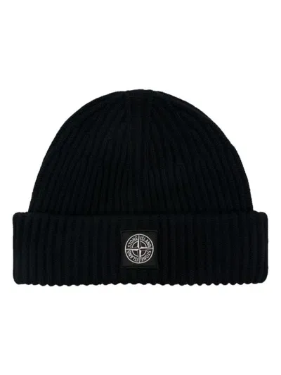 Stone Island Ribbed Wool Beanie With Logo In Blue