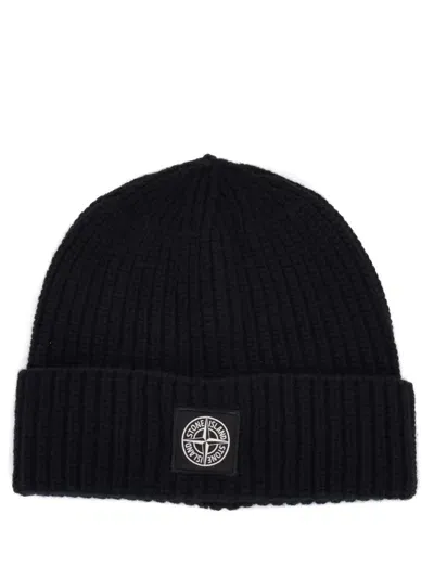 Stone Island Wool Ribbed Hat In Black