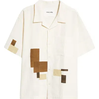 Story Mfg. Ens Greetings Block-print Relaxed-fit Cotton And Linen Shirt Cream