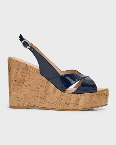 Stuart Weitzman Carmen Patent Slingback Wedge Sandals In Nice Blue