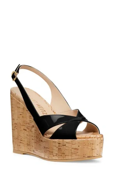 Stuart Weitzman Carmen Patent Slingback Wedge Sandals In Black