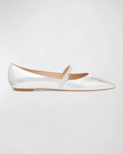 Stuart Weitzman Emilia Metallic Mary Jane Ballerina Flats In Silver