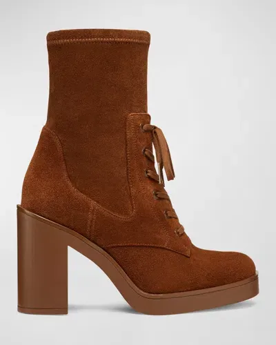 Stuart Weitzman Everitt Stretch Suede Lace-up Booties In Coffee Tonal