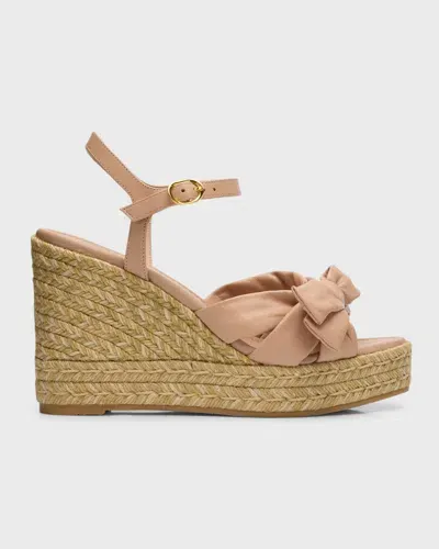 Stuart Weitzman Sofia Leather Bow Wedge Espadrille Sandals In Adobe