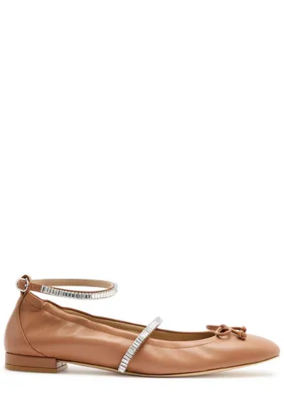 Stuart Weitzman Stefanie Embellished Leather Ballet Flats In Tan