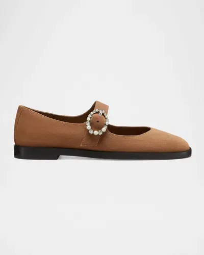 Stuart Weitzman Suede Embellished Mary Jane Flats In Khaki