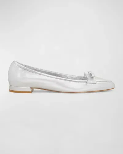 Stuart Weitzman Tully Metallic Bow Ballerina Loafers In Silver