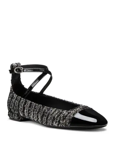 Stuart Weitzman Eden Tweed Crisscross Ballerina Flats In Black