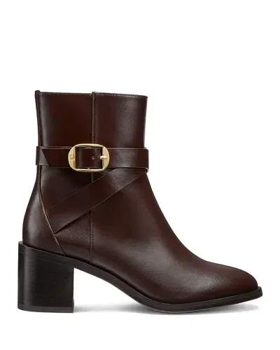 Stuart Weitzman Esme Leather Buckle Zip Booties In Dark Brown