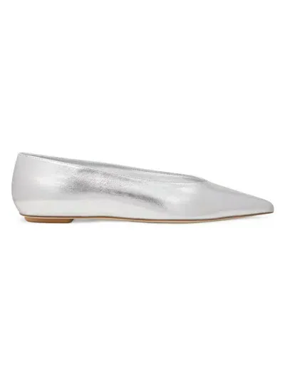 Stuart Weitzman Lina Metallic Point-toe Ballerina Flats In Silver