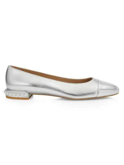 Stuart Weitzman Pearl-detail Leather Ballerina Shoes In Silver