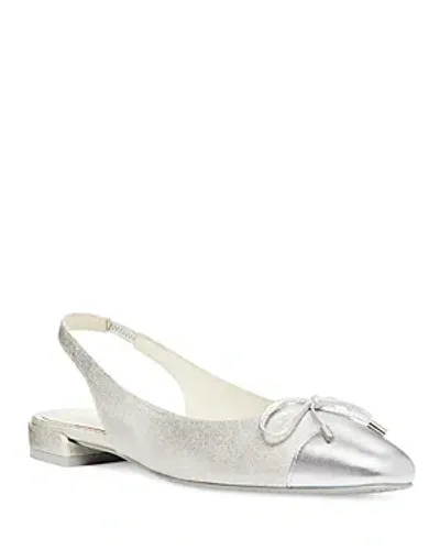 Stuart Weitzman Sleek Metallic Bow Slingback Ballerina Flats In Silver